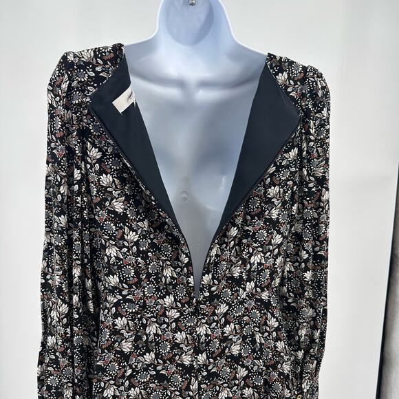 Ann Taylor LOFT Floral Midi Dress WMNS 2 Black Puff Sleeve High Neck Zip Slit LS - Picture 8 of 16